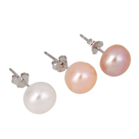 Freshwater Pearl Earrings 925 Sterling Silver with Freshwater Pearl real silver plated natural 8-8.5mm Sold By Pair