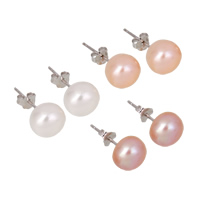 Freshwater Pearl Earrings, 925 Sterling Silver, with Freshwater Pearl, real silver plated, natural, more colors for choice, 9-9.5mm, Sold By Pair