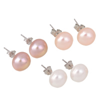 Freshwater Pearl Earrings 925 Sterling Silver with Freshwater Pearl real silver plated natural 10-10.5mm Sold By Pair