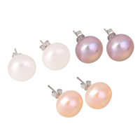 Freshwater Pearl Earrings, 925 Sterling Silver, with Freshwater Pearl, real silver plated, natural, more colors for choice, 12-12.5mm, Sold By Pair