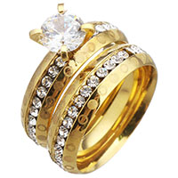 aço inoxidável anel Set, cromado de cor dourada, tamanho diferente para a escolha & para mulher & com strass, 8mm, 6mm, vendido por PC