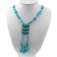 Turquoise Sweater Chain Necklace, with Glass Pearl, for woman, 31x12x7mm, Length:Approx 25 Inch, 10Strands/Bag, Sold By Bag