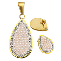 Rhinestone Stainless Steel Jewelry Set, pendant & earring, with Rhinestone Clay Pave & Plastic Pearl, Teardrop, gold color plated, for woman, 18x34mm, 15x20mm, Hole:Approx 4x9mm, Sold By Set