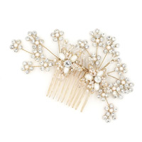 Braut Dekoratives Haarkämmchen, Zinklegierung, mit ABS-Kunststoff-Perlen & Kristall, goldfarben plattiert, für Braut & facettierte & mit Strass, frei von Blei & Kadmium, 70x120mm, verkauft von PC
