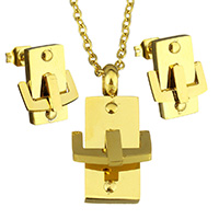 Conjuntos de joyería de acero inoxidable, pendiente & collar, chapado en color dorado, cadena oval & para mujer, 13x24mm, 2mm, 10x13.5mm, longitud:aproximado 17.5 Inch, Vendido por Set