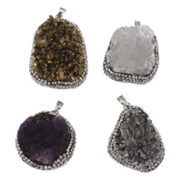 Ice Quartz Agate Pendant, with Rhinestone Clay Pave & Tibetan Style, Nuggets, platinum color plated, druzy style, 31.5x42x21-34.5x47.5x18mm, Hole:Approx 4x7mm, Sold By PC