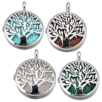 Tree Of Life Pendants Gemstone with Brass Flat Round silver color plated & hollow Approx 4mm Sold By PC
