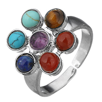Unisex δαχτυλίδι δάχτυλο, Ορείχαλκος, με Πολύτιμος λίθος, Λουλούδι, χρώμα επάργυρα, για άνδρες και γυναίκες, νικέλιο, μόλυβδο και κάδμιο ελεύθεροι, 18x17mm, Μέγεθος:9, Sold Με PC