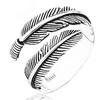 cobre Cuff Ring Finger, Forma de pena, banho de cor prata antiga, para mulher, Chumbo e cádmio livre, 16-18mm, tamanho:6-8, vendido por PC