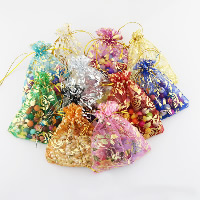 Jewelry Pouches Bags, Organza, Rectangle, with flower pattern & gold accent, more colors for choice, 70x90mm, 100PCs/Lot, Sold By Lot