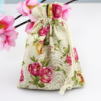 Jewelry Pouches Bags Cotton Fabric with Nylon Cord Rectangle with flower pattern Sold By Lot
