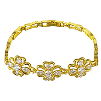 Cubic Zirconia Bracelet, Brass, Flower, 24K gold plated, for woman & with cubic zirconia, nickel, lead & cadmium free, 21x13mm, 14x6mm, Length:Approx 7 Inch, 2Strands/Lot, Sold By Lot