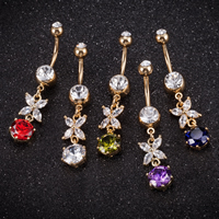 Brass Belly Ring  , with Stainless Steel, real gold plated, with cubic zirconia & faceted, more colors for choice, nickel, lead & cadmium free, 45x9mm, Sold By PC