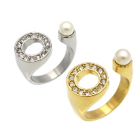 Stainless Steel Cuff Finger Ring, with Glass Pearl, plated, Unisex & different size for choice & with rhinestone, more colors for choice, Sold By PC
