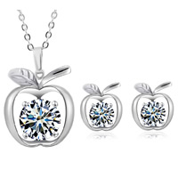 Cubic Zirconia Micro Pave Tibetan Style Jewelry Sets, earring & necklace, with iron chain, stainless steel post pin, Apple, platinum color plated, oval chain & with cubic zirconia, lead & cadmium free, 13x15mm, Length:Approx 17.5 Inch, Sold By Set