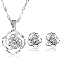 Cubic Zirconia Micro Pave Tibetan Style Jewelry Sets, earring & necklace, with iron chain, stainless steel post pin, Flower, platinum color plated, Singapore chain & with cubic zirconia, lead & cadmium free, 16x22mm, Length:Approx 17.5 Inch, Sold By Set