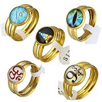 Stainless Steel Ring Set with Paper & Glass Flat Round gold color plated time gem jewelry  & for woman 12mm 3mm Sold By Set