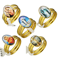 Edelstahl Ring Set, mit Papier & Glas, flachoval, goldfarben plattiert, Zeit Edelstein Schmuck & verschiedene Größen vorhanden & verschiedene Muster für Wahl & für Frau, 11x15mm, 3mm, 2PCs/setzen, verkauft von setzen