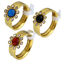 Stainless Steel Ring Set with Crystal Flower gold color plated & for woman & with rhinestone 3mm Sold By Set