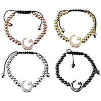 Stainless Steel Woven Ball Bracelets, with Nylon Cord & Brass, stainless steel magnetic clasp, Moon and Star, plated, adjustable & micro pave cubic zirconia & for woman, more colors for choice, 23x18x2mm, 6mm, Length:Approx 11 Inch, 5Strands/Lot, Sold By Lot