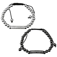 Stainless Steel Woven Ball Bracelets, with Nylon Cord & Brass, stainless steel magnetic clasp, Column, plated, adjustable & micro pave cubic zirconia & for woman & hollow, more colors for choice, 27x6x6mm, 6mm, Length:Approx 11 Inch, 5Strands/Lot, Sold By Lot