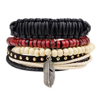 Unisex Bracelet Cowhide with Waxed Cotton Cord & Wood & Zinc Alloy plated adjustable Length Approx 7.8 Inch Sold By Set