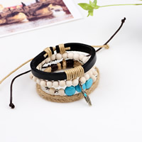Unisex Bracelet Cowhide with Linen & Wood & Zinc Alloy platinum color plated adjustable Length Approx 7.8 Inch Sold By Set