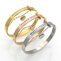 Stainless Steel Bangle, plated, charm bracelet & Unisex & with letter pattern & with rhinestone, more colors for choice, Inner Diameter:Approx 58x48mm, Sold By PC