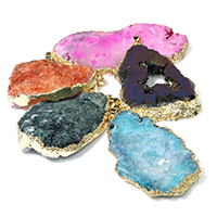 Ice Quartz Agate Pendant, with Brass, gold color plated, dyed & natural & druzy style & mixed, 33-37x50-70x7-20mm, Hole:Approx 4.5x5mm, 10PCs/Lot, Sold By Lot