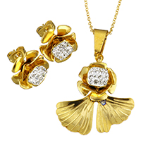 Rhinestone Stainless Steel Jewelry Set, earring & necklace, with Rhinestone Clay Pave, Flower, gold color plated, oval chain & for woman, 25x29mm, 1mm, 13x13mm, Length:Approx 18 Inch, Sold By Set