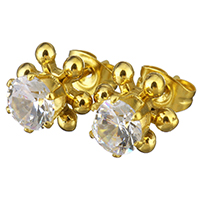 Zircon cubique ( CZ ) goujon boucle, acier inoxydable, fleur, Placage de couleur d'or, pour femme & avec zircone cubique, 10x9mm, 12pairescouple/sac, Vendu par sac