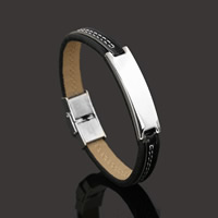 Unisex Bracelet, Cowhide, with Stainless Steel, adjustable, black, 10x30mm, Sold Per Approx 7.8 Inch Strand