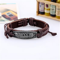 Unisex Bracelet, Cowhide, with Linen & Tibetan Style, plumbum black color plated, adjustable, brown, 12mm, Sold Per Approx 6.69 Inch Strand