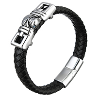 Unisex Bracelet Cowhide with Stainless Steel Skull blacken 12mm Sold Per Approx 8.5 Inch Strand