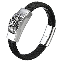 Unisex Bracelet, Cowhide, with Stainless Steel, Lion, blacken, 39x17x17mm, 12mm, 29x14x8mm, Sold Per Approx 8.5 Inch Strand