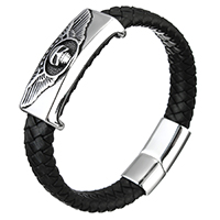 Unisex Bracelet Cowhide with Stainless Steel Skull blacken 12mm Sold Per Approx 8.5 Inch Strand
