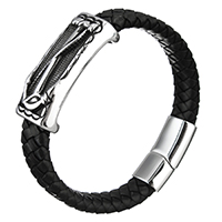 Unisex Bracelet, Cowhide, with Stainless Steel, blacken, 41x17x11mm, 12mm, 29x14x8mm, Sold Per Approx 8.5 Inch Strand