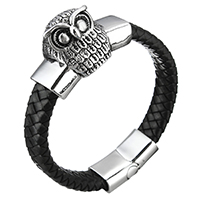 Unisex Bracelet Cowhide with Stainless Steel Owl blacken 12mm Sold Per Approx 8.5 Inch Strand