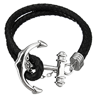 Unisex Bracelet, Cowhide, with Stainless Steel, stainless steel magnetic clasp, Anchor, nautical pattern & 2-strand, original color, 39x35x5mm, 10mm, Sold Per Approx 8.5 Inch Strand