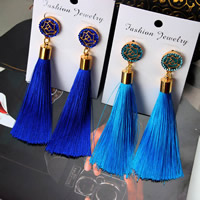Fashion Fringe Earrings, Tibetan Style, with Cotton Cord, brass post pin, gold color plated, for woman & enamel & with rhinestone, more colors for choice, 25mm, 90mm, 3Pairs/Lot, Sold By Lot