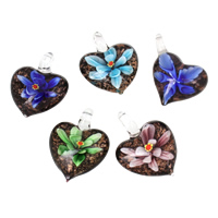 Gold Sand Lampwork Pendants, Heart, inner flower, more colors for choice, 32x40x15mm, Hole:Approx 6mm, Sold By PC