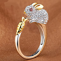 Brass Cuff Finger Ring, Rabbit, plated, for woman & with rhinestone, lead & cadmium free, 16mm, US Ring Size:5.5, Sold By PC