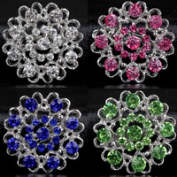 Tibetan Style Brooches, Flower, silver color plated, for woman & with rhinestone, more colors for choice, lead & cadmium free, 30x30mm, 3PCs/Bag, Sold By Bag