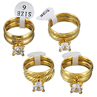 Cubic Zirconia Stainless Steel Finger Ring Set, bracelet & earring & necklace, gold color plated, flower cut & different size for choice & different styles for choice & for woman & with cubic zirconia, 8mm, 8mm, 2PCs/Set, Sold By Set