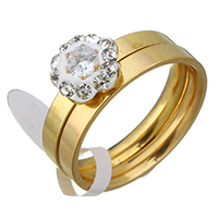 Cubic Zirconia Stainless Steel Finger Ring Sæt, med rhinestone ler bane, Flower, guldfarve belagt, forskellig størrelse for valg & for kvinde, 9mm, 6mm, 2pc'er/sæt, Solgt af sæt