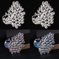 Tibetan Style Brooches, Peacock, silver color plated, for woman & with rhinestone, more colors for choice, lead & cadmium free, 57x72mm, 3PCs/Bag, Sold By Bag