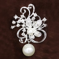 Plastic perle broche, Zinc Alloy, med ABS plastik perle, Flower, sølvfarvet forgyldt, for kvinde & med rhinestone, bly & cadmium fri, 40x50mm, 3pc'er/Bag, Solgt af Bag