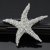 Rhinestone Brooch, Tibetan Style, Starfish, platinum color plated, for woman & with rhinestone, lead & cadmium free, 55x55mm, 3PCs/Bag, Sold By Bag