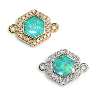 Cubic Zirconia Micro Pave Brass Connector, with Opal, Hexagon, plated, micro pave cubic zirconia & 1/1 loop, more colors for choice, nickel, lead & cadmium free, 15x11x2mm, Hole:Approx 1mm, 8PCs/Lot, Sold By Lot