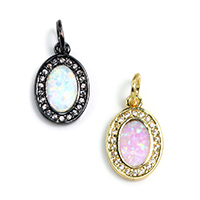 Cubic Zirconia Micro Pave Brass Pendant, with Opal, Flat Oval, plated, micro pave cubic zirconia, more colors for choice, nickel, lead & cadmium free, 10x15x2mm, Hole:Approx 4mm, 10PCs/Lot, Sold By Lot